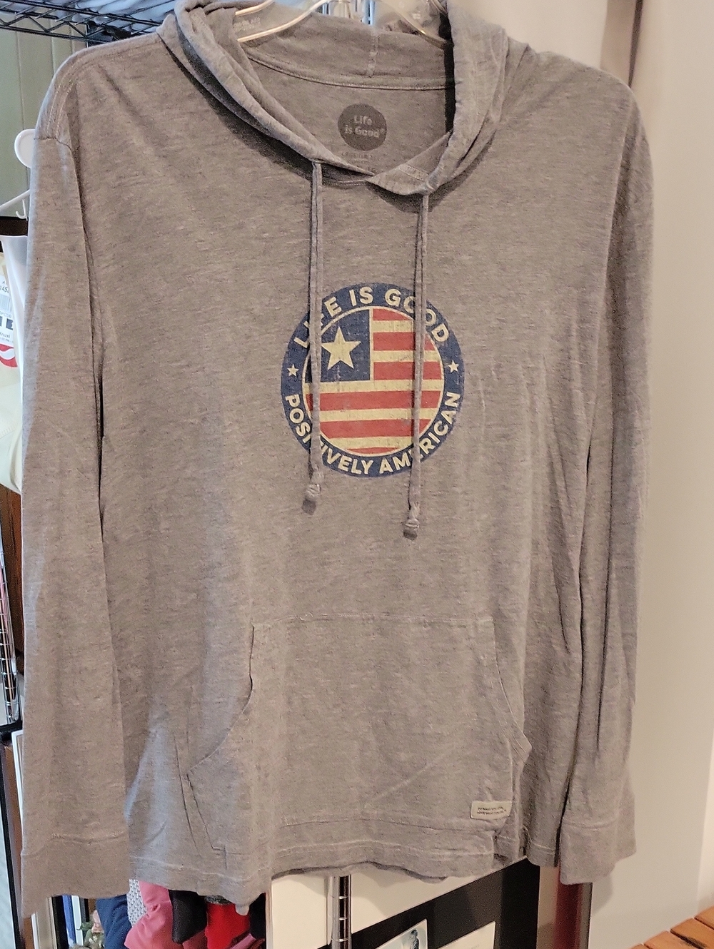 Life Is Good Heather Gray  Lightweight Hoodie Tshirt with Vintage American Logo